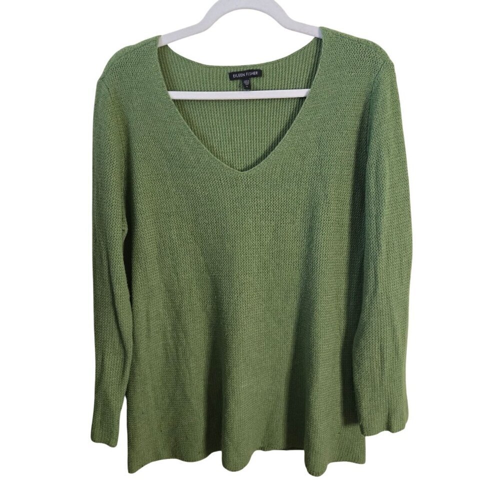 Eileen Fisher Wool Cashmere Rabbit Hair Blend V Neck Spring Green Sweater Size L - Picture 2 of 5